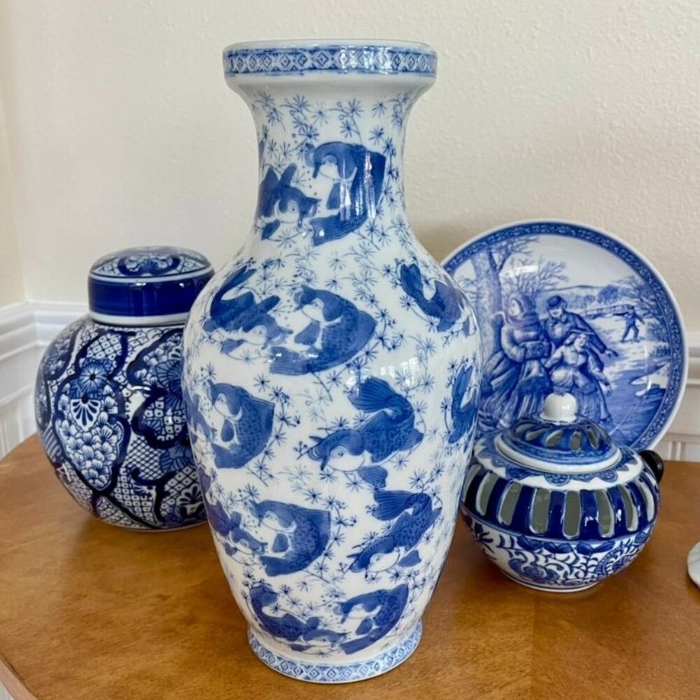 Vintage Chinoiserie Blue and White Koi Vase, 12.5", Porcelain Decor Accent - Picture 5 of 6